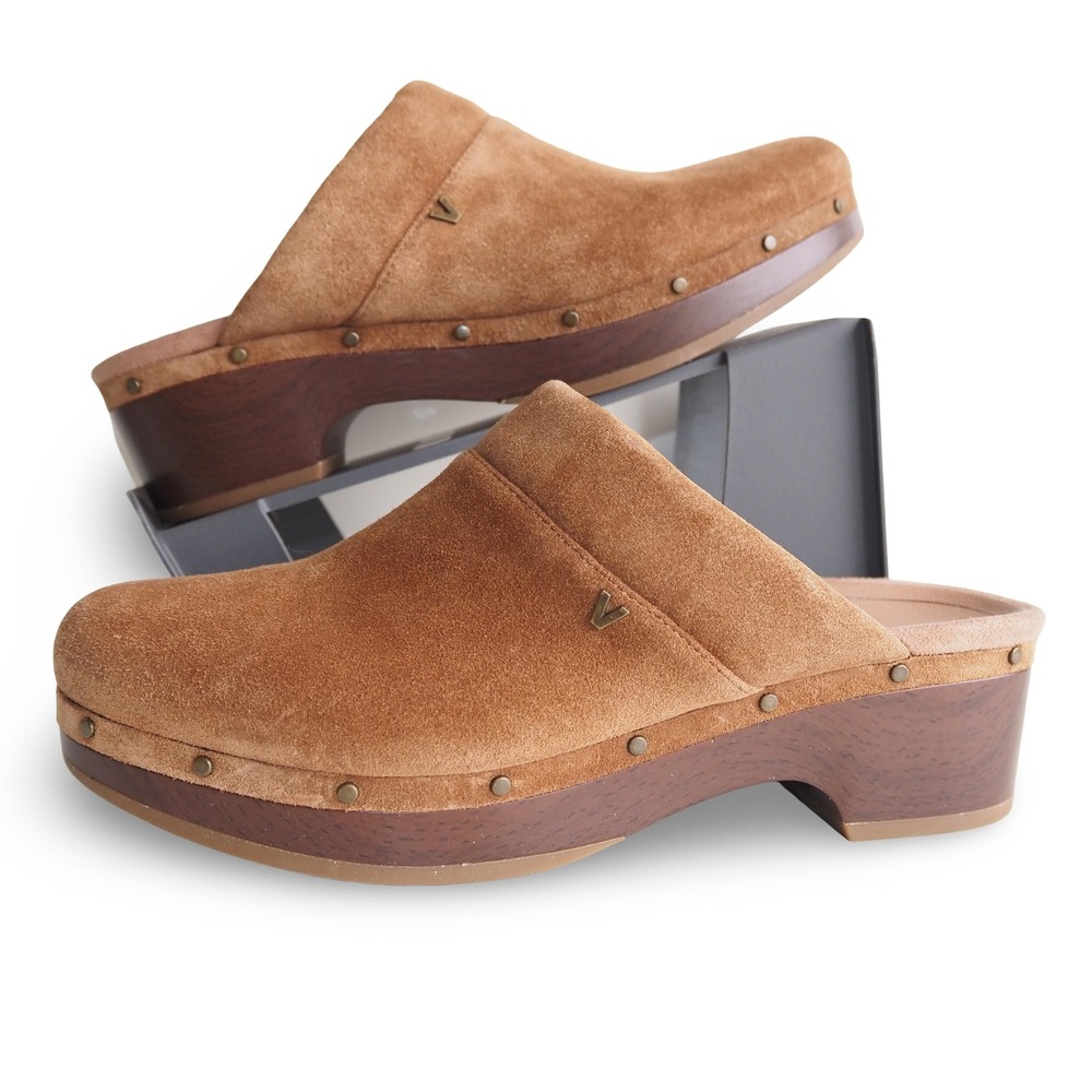 Vionic Kacie Suede Clog Mules Womens 9 Brown Studded Orthotic Block Heel Shoes
